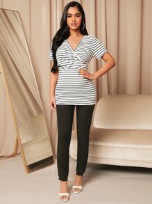 SHEIN Maternity Striped Print Wrap Nursing Tee - White - View 3