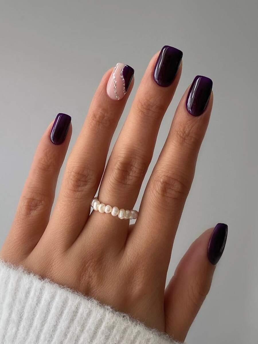 Upgrade Your Look with 24pcs Long Square Brown Solid Glitter Fake Nail & 1sheet Tape & 1pc Nail File - Purple - View 1