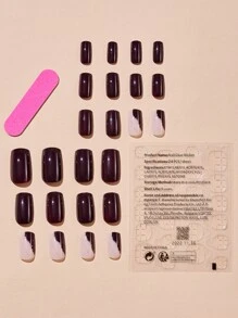 Upgrade Your Look with 24pcs Long Square Brown Solid Glitter Fake Nail & 1sheet Tape & 1pc Nail File - Purple - View 2