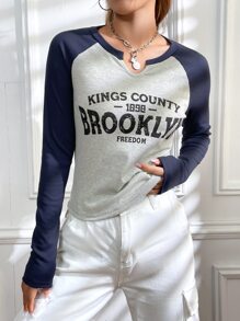 SHEIN EZwear 字母圖案缺口領插肩袖T恤 - 灰色 - 查看 6