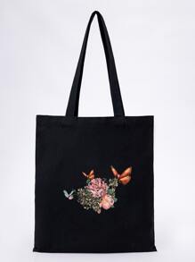 Butterfly & Floral Pattern Shopper Bag - Black - View 1