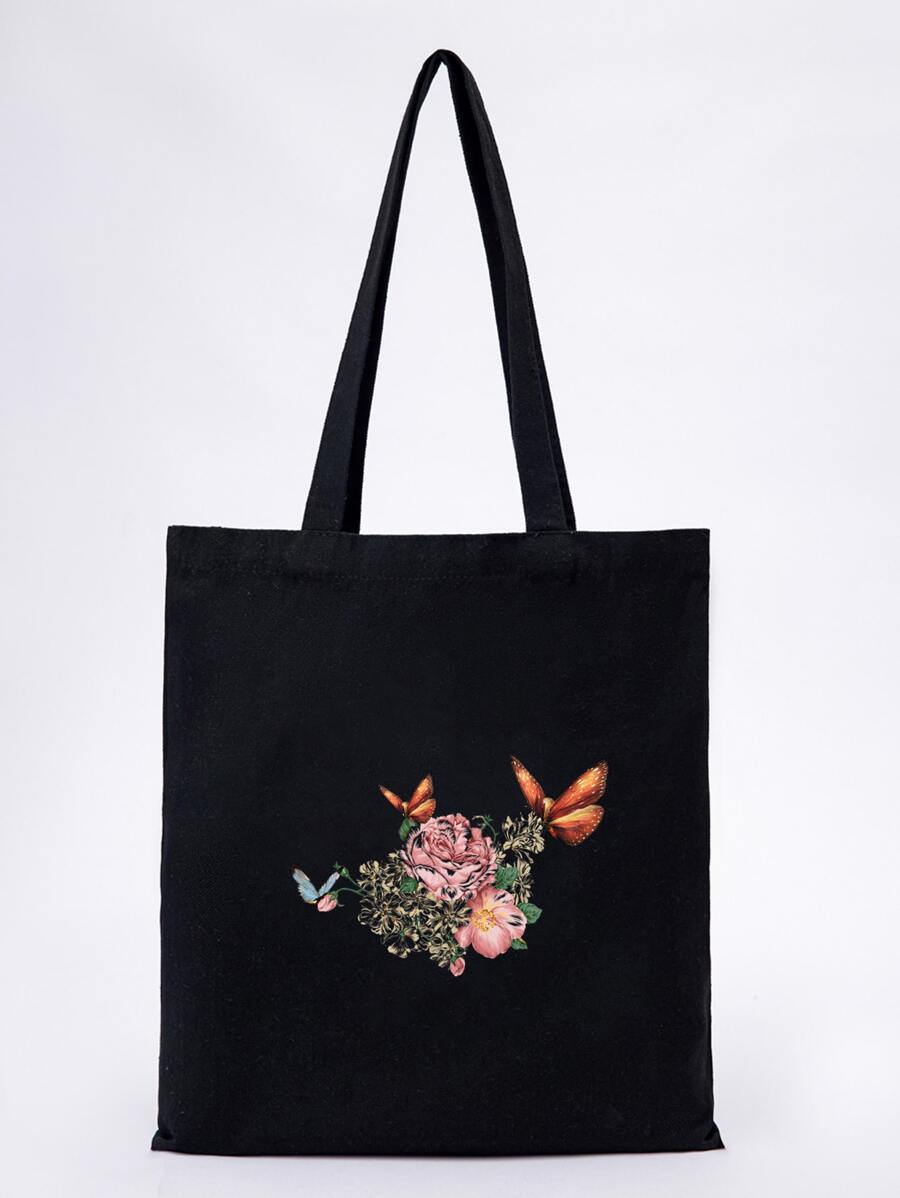 Butterfly & Floral Pattern Shopper Bag - Black - View 1