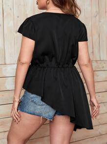 Calvaya Plus Solid V Neck Peplum Blouse - Black - View 2