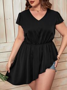 Calvaya Plus Solid V Neck Peplum Blouse - Black - View 4