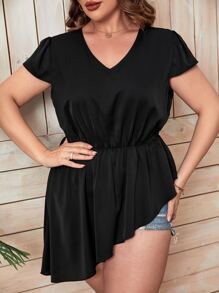 Calvaya Plus Solid V Neck Peplum Blouse - Black - View 5
