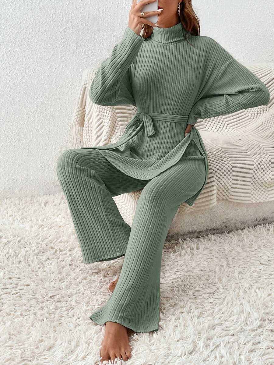 SHEIN Frenchy Turtleneck Drop Shoulder Belted Split Hem Tee & Trousers - Army Green - View 1