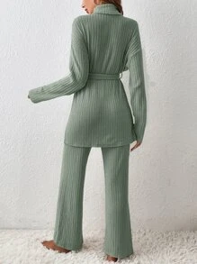 SHEIN Frenchy Turtleneck Drop Shoulder Belted Split Hem Tee & Trousers - Army Green - View 2