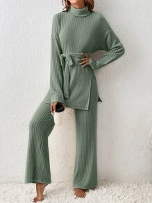 SHEIN Frenchy Turtleneck Drop Shoulder Belted Split Hem Tee & Trousers - Army Green - View 3