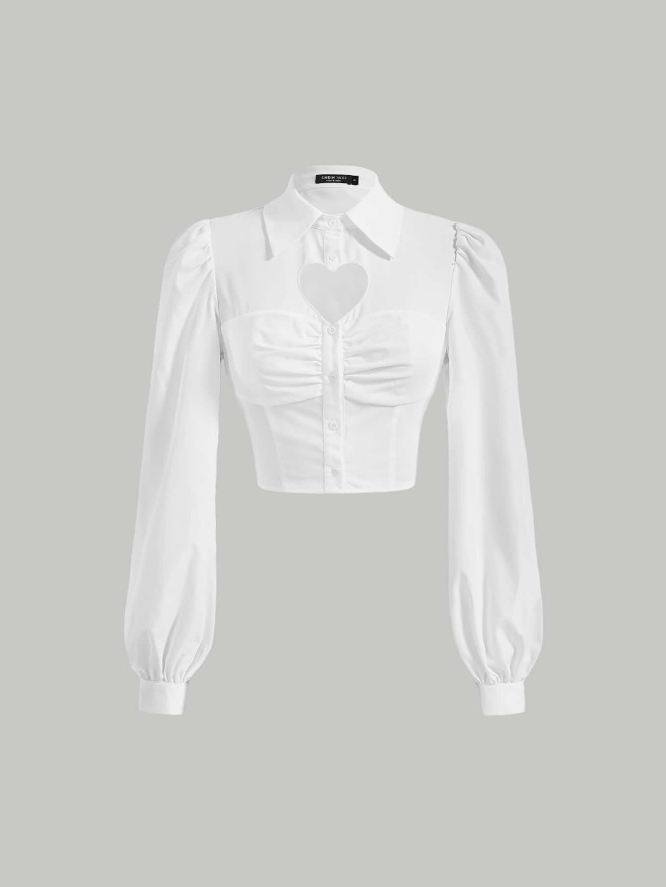 SHEIN MOD Heart Cut Out Button Front Lantern Sleeve Crop Shirt - White - View 1