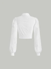 SHEIN MOD Heart Cut Out Button Front Lantern Sleeve Crop Shirt - White - View 2