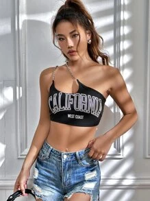 SHEIN ICON Letter Graphic Chain Strap One Shoulder Crop Top - Black - View 4