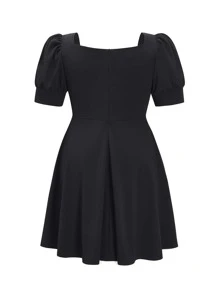 SHEIN Clasi Plus Puff Sleeve Flare Hem Dress - Black - View 2