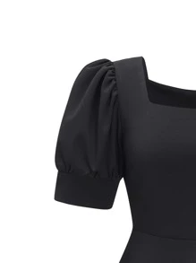 SHEIN Clasi Plus Puff Sleeve Flare Hem Dress - Black - View 3