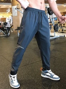 Manfinity Running Men Letter Graphic Drawstring Waist Sports Trousers - Navy Blue - View 3