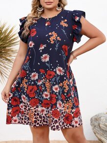 SHEIN Holidaya Plus Floral Print Butterfly Sleeve Tunic Dress - Multicolor - View 5