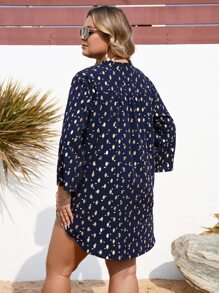 SHEIN LUNE Plus Heart and Gold Dot Print Roll Tab Sleeve Blouse - Navy Blue - View 2