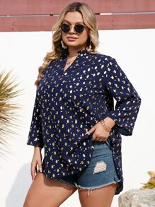 SHEIN LUNE Plus Heart and Gold Dot Print Roll Tab Sleeve Blouse - Navy Blue - View 3