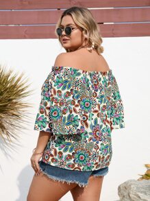 SHEIN Holidaya Blusa con estampado floral de hombros descubiertos - Multicolor - Ver 3