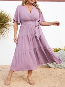 SHEIN LUNE 大碼蝴蝶袖荷葉邊繫腰帶洋裝