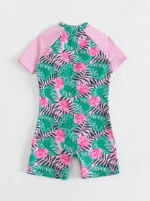 Girls Tropical Print Zipper Front One Piece Swimsuit - Multicolor - View 2