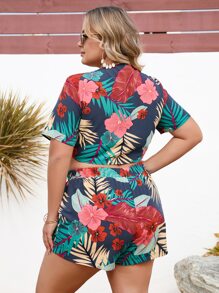 SHEIN Holidaya Plus Tropical Print Tie Front Top & Shorts - Multicolor - View 3