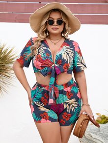 SHEIN Holidaya Plus Tropical Print Tie Front Top & Shorts - Multicolor - View 5