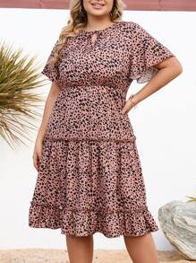 SHEIN LUNE Đầm Plus Size viền lá sen Viên lá sen Thắt nơ trước Tất cả trên in Giải trí - Nhiều màu - Xem 4