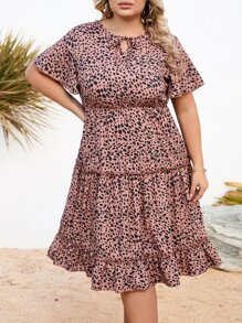 SHEIN LUNE Đầm Plus Size viền lá sen Viên lá sen Thắt nơ trước Tất cả trên in Giải trí - Nhiều màu - Xem 1