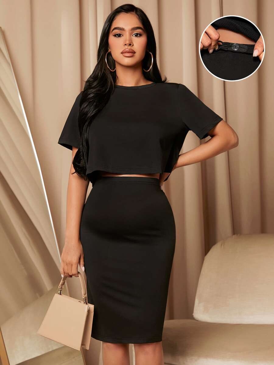 MaterniWear Maternity Solid Crop Top & Adjustable Waist Skirt Set - Black - View 1
