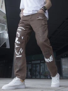 Manfinity Men Letter Graphic Straight Leg Jeans - Coffee Brown - View 3