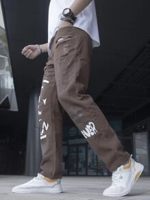 Manfinity Men Letter Graphic Straight Leg Jeans - Coffee Brown - View 5