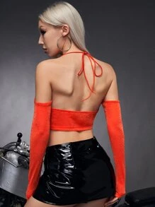 SHEIN ICON Cut Out Front Cold Shoulder Glitter Top - Orange - View 2