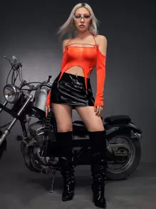 SHEIN ICON Cut Out Front Cold Shoulder Glitter Top - Orange - View 4