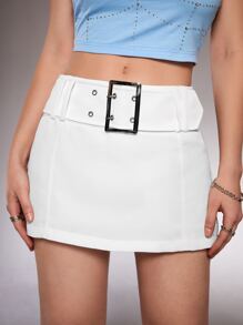 SHEIN ICON Váy nữ Thắt lưng Thùa khuyết màu trơn Giải trí - trắng - Xem 2