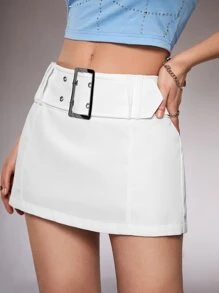 SHEIN ICON Váy nữ Thắt lưng Thùa khuyết màu trơn Giải trí - trắng - Xem 6