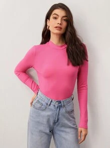 SHEIN BASICS Mock Neck Fitted Solid Tee - Pink - View 1