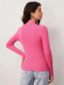 SHEIN BASICS Mock Neck Fitted Solid Tee - Pink - View 2