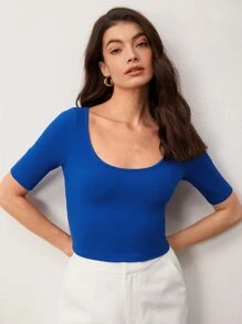 SHEIN BASICS Scoop Neck Crop Solid Tee - Royal Blue - View 1