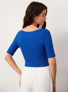 SHEIN BASICS Scoop Neck Crop Solid Tee - Royal Blue - View 2