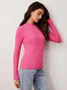 SHEIN BASICS Mock Neck Fitted Solid Tee - Pink - View 4