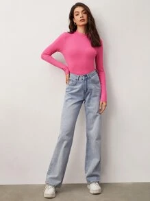 SHEIN BASICS Mock Neck Fitted Solid Tee - Pink - View 5