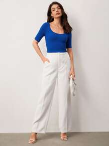 SHEIN BASICS Scoop Neck Crop Solid Tee - Royal Blue - View 5