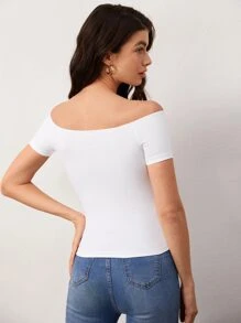 SHEIN BASICS Off Shoulder Solid Short Sleeves Casual Tee - White - View 2