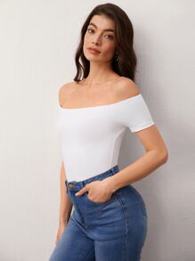 SHEIN BASICS Off Shoulder Solid Short Sleeves Casual Tee - White - View 3