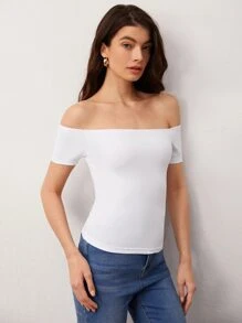 SHEIN BASICS Off Shoulder Solid Short Sleeves Casual Tee - White - View 4