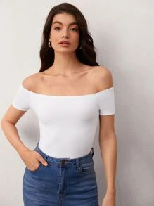 SHEIN BASICS Off Shoulder Solid Short Sleeves Casual Tee - White - View 5
