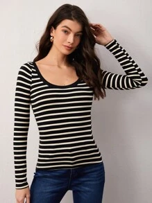 SHEIN BASICS Striped Print Scoop Neck Tee - Black - View 3
