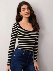 SHEIN BASICS Striped Print Scoop Neck Tee - Black - View 5