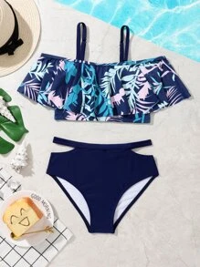 Tween Girl 1set Tropical Print Ruffle Trim Cut Out Bikini Set Summer Beach - Navy Blue - View 1