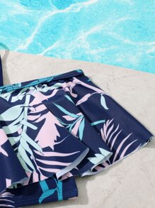 Tween Girl 1set Tropical Print Ruffle Trim Cut Out Bikini Set Summer Beach - Navy Blue - View 3